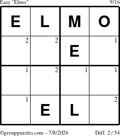The grouppuzzles.com Easy Elmo puzzle for Wednesday July 8, 2026 with the first 2 steps marked