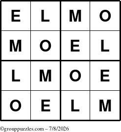 The grouppuzzles.com Answer grid for the Elmo puzzle for Wednesday July 8, 2026