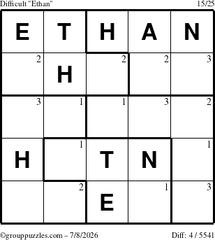 The grouppuzzles.com Difficult Ethan puzzle for Wednesday July 8, 2026 with the first 3 steps marked