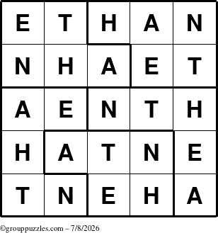 The grouppuzzles.com Answer grid for the Ethan puzzle for Wednesday July 8, 2026