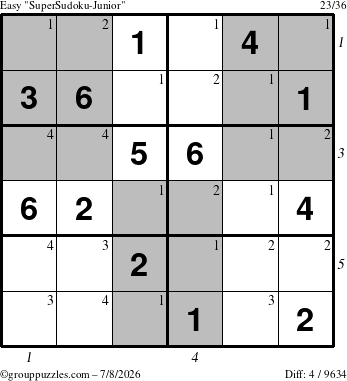 The grouppuzzles.com Easy SuperSudoku-Junior puzzle for Wednesday July 8, 2026 with all 4 steps marked