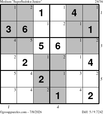The grouppuzzles.com Medium SuperSudoku-Junior puzzle for Wednesday July 8, 2026, suitable for printing, with all 5 steps marked