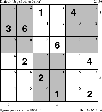 The grouppuzzles.com Difficult SuperSudoku-Junior puzzle for Wednesday July 8, 2026, suitable for printing, with all 6 steps marked