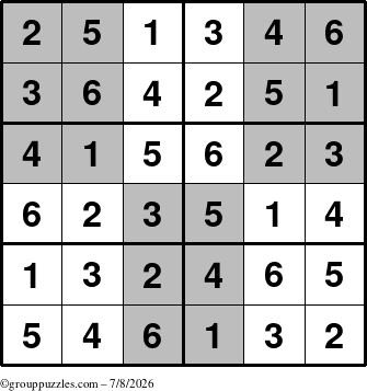 The grouppuzzles.com Answer grid for the SuperSudoku-Junior puzzle for Wednesday July 8, 2026