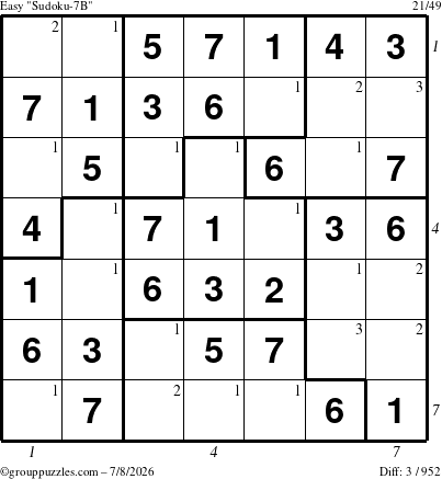 The grouppuzzles.com Easy Sudoku-7B puzzle for Wednesday July 8, 2026, suitable for printing, with all 3 steps marked