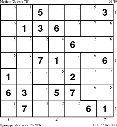 The grouppuzzles.com Medium Sudoku-7B puzzle for Wednesday July 8, 2026, suitable for printing, with all 7 steps marked