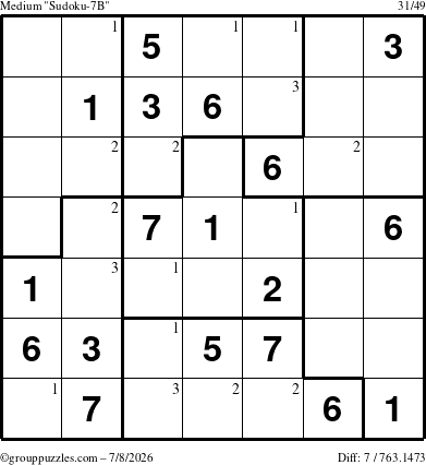 The grouppuzzles.com Medium Sudoku-7B puzzle for Wednesday July 8, 2026 with the first 3 steps marked