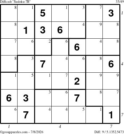 The grouppuzzles.com Difficult Sudoku-7B puzzle for Wednesday July 8, 2026 with all 9 steps marked