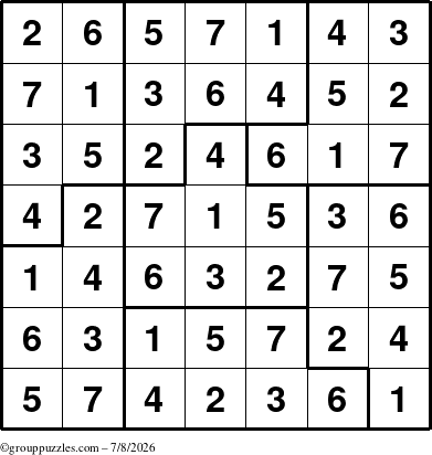 The grouppuzzles.com Answer grid for the Sudoku-7B puzzle for Wednesday July 8, 2026