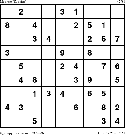 The grouppuzzles.com Medium Sudoku puzzle for Wednesday July 8, 2026