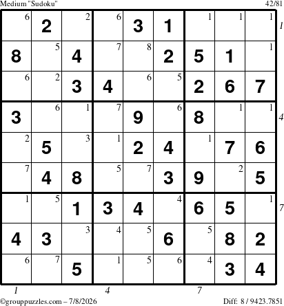 The grouppuzzles.com Medium Sudoku puzzle for Wednesday July 8, 2026 with all 8 steps marked