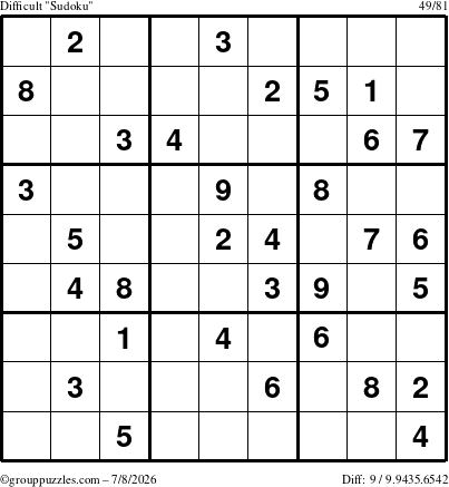 The grouppuzzles.com Difficult Sudoku puzzle for Wednesday July 8, 2026