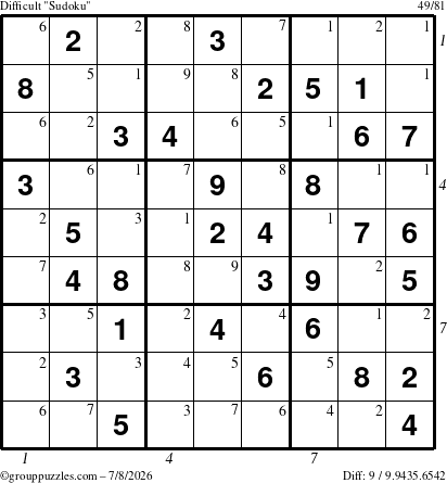 The grouppuzzles.com Difficult Sudoku puzzle for Wednesday July 8, 2026, suitable for printing, with all 9 steps marked