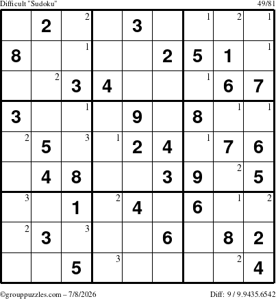 The grouppuzzles.com Difficult Sudoku puzzle for Wednesday July 8, 2026 with the first 3 steps marked