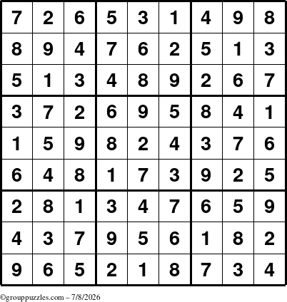 The grouppuzzles.com Answer grid for the Sudoku puzzle for Wednesday July 8, 2026