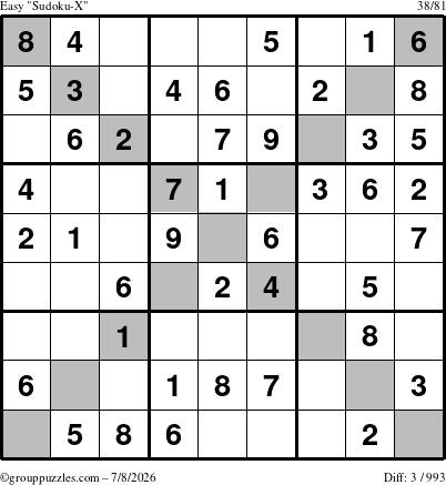 The grouppuzzles.com Easy Sudoku-X puzzle for Wednesday July 8, 2026