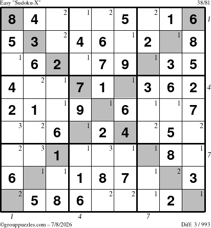 The grouppuzzles.com Easy Sudoku-X puzzle for Wednesday July 8, 2026, suitable for printing, with all 3 steps marked
