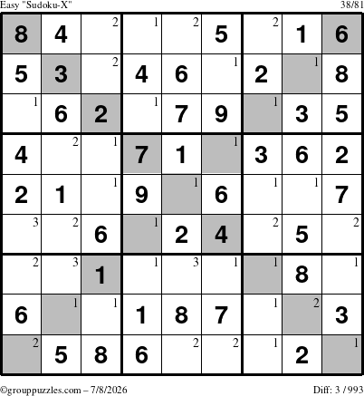 The grouppuzzles.com Easy Sudoku-X puzzle for Wednesday July 8, 2026 with the first 3 steps marked