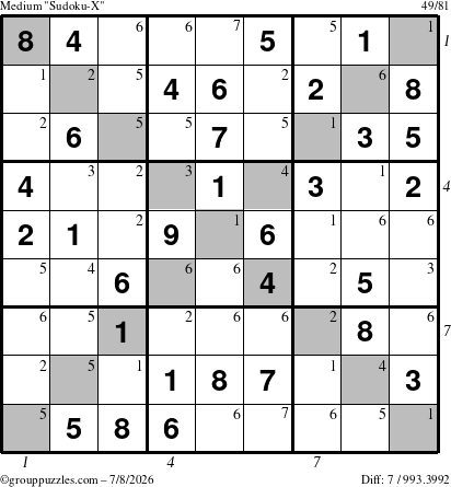 The grouppuzzles.com Medium Sudoku-X puzzle for Wednesday July 8, 2026 with all 7 steps marked