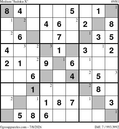 The grouppuzzles.com Medium Sudoku-X puzzle for Wednesday July 8, 2026 with the first 3 steps marked