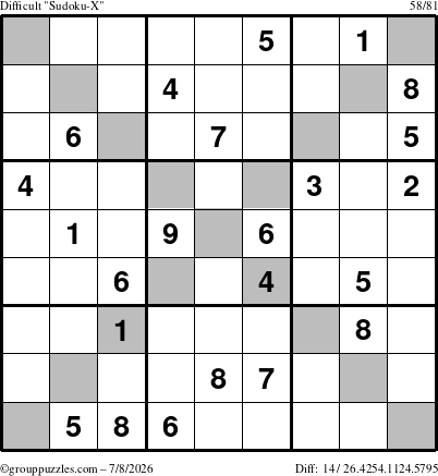 The grouppuzzles.com Difficult Sudoku-X puzzle for Wednesday July 8, 2026