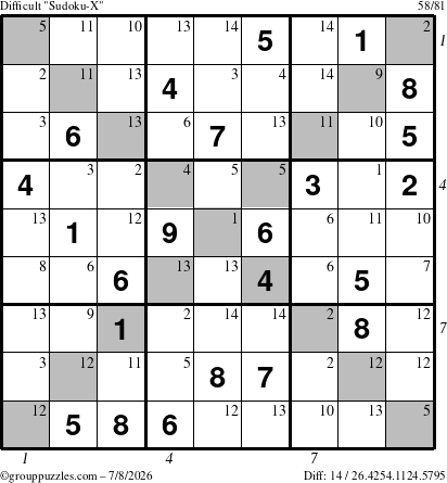 The grouppuzzles.com Difficult Sudoku-X puzzle for Wednesday July 8, 2026 with all 14 steps marked