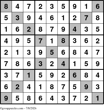 The grouppuzzles.com Answer grid for the Sudoku-X puzzle for Wednesday July 8, 2026