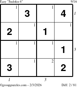 The grouppuzzles.com Easy Sudoku-4 puzzle for Tuesday February 3, 2026 with all 2 steps marked