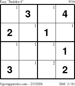 The grouppuzzles.com Easy Sudoku-4 puzzle for Tuesday February 3, 2026 with the first 2 steps marked