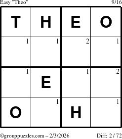 The grouppuzzles.com Easy Theo puzzle for Tuesday February 3, 2026 with the first 2 steps marked