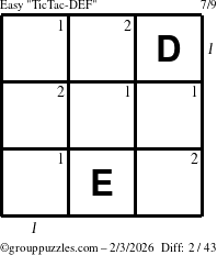 The grouppuzzles.com Easy TicTac-DEF puzzle for Tuesday February 3, 2026 with all 2 steps marked