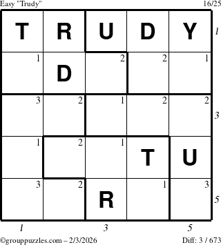 The grouppuzzles.com Easy Trudy puzzle for Tuesday February 3, 2026 with all 3 steps marked