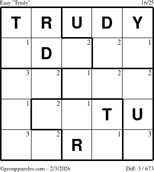 The grouppuzzles.com Easy Trudy puzzle for Tuesday February 3, 2026 with the first 3 steps marked
