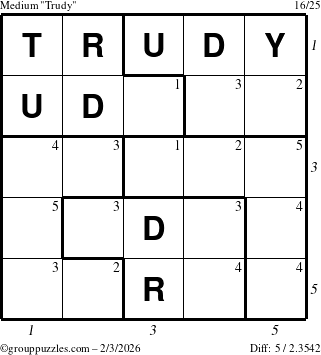 The grouppuzzles.com Medium Trudy puzzle for Tuesday February 3, 2026 with all 5 steps marked