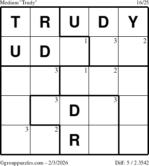 The grouppuzzles.com Medium Trudy puzzle for Tuesday February 3, 2026 with the first 3 steps marked