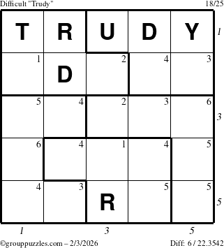 The grouppuzzles.com Difficult Trudy puzzle for Tuesday February 3, 2026 with all 6 steps marked