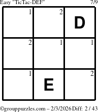 The grouppuzzles.com Easy TicTac-DEF puzzle for Tuesday February 3, 2026 with the first 2 steps marked