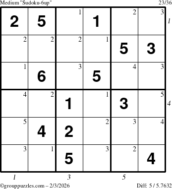 The grouppuzzles.com Medium Sudoku-6up puzzle for Tuesday February 3, 2026, suitable for printing, with all 5 steps marked