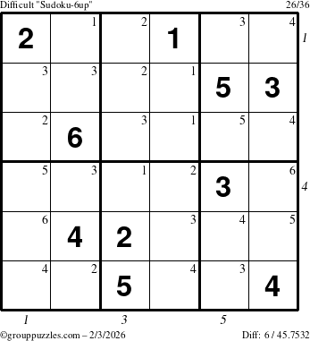 The grouppuzzles.com Difficult Sudoku-6up puzzle for Tuesday February 3, 2026 with all 6 steps marked