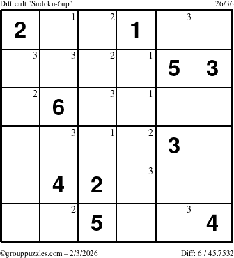 The grouppuzzles.com Difficult Sudoku-6up puzzle for Tuesday February 3, 2026 with the first 3 steps marked