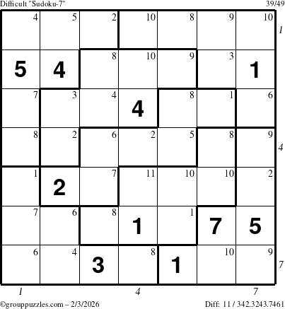 The grouppuzzles.com Difficult Sudoku-7 puzzle for Tuesday February 3, 2026, suitable for printing, with all 11 steps marked