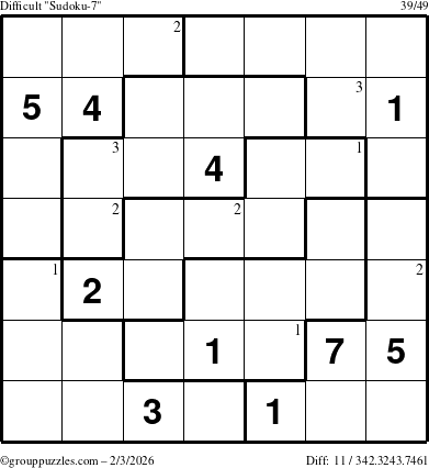 The grouppuzzles.com Difficult Sudoku-7 puzzle for Tuesday February 3, 2026 with the first 3 steps marked