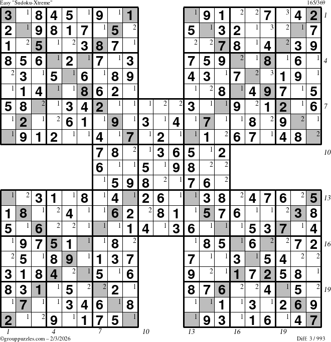 The grouppuzzles.com Easy Sudoku-Xtreme puzzle for Tuesday February 3, 2026 with all 3 steps marked