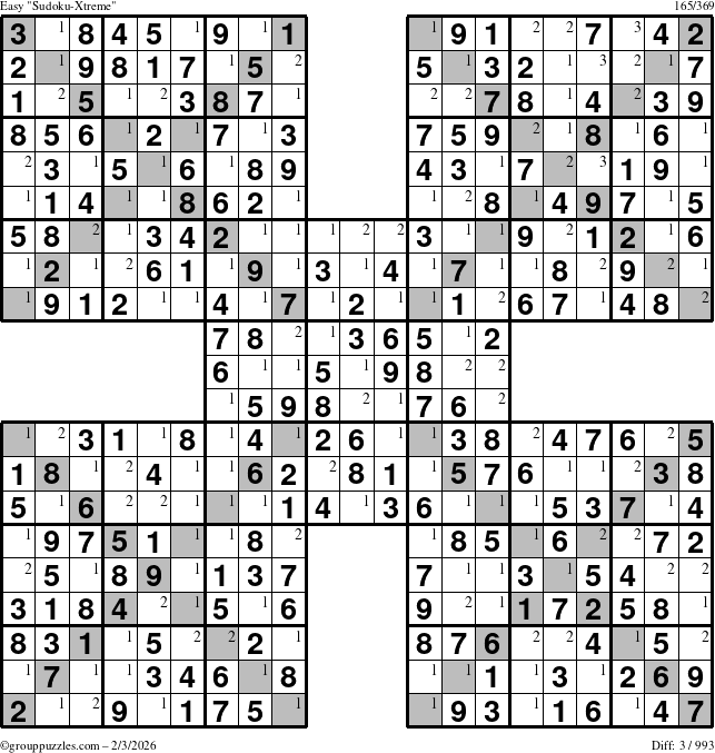 The grouppuzzles.com Easy Sudoku-Xtreme puzzle for Tuesday February 3, 2026 with the first 3 steps marked