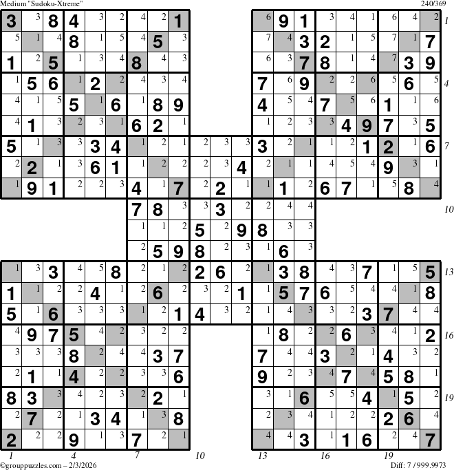 The grouppuzzles.com Medium Sudoku-Xtreme puzzle for Tuesday February 3, 2026, suitable for printing, with all 7 steps marked