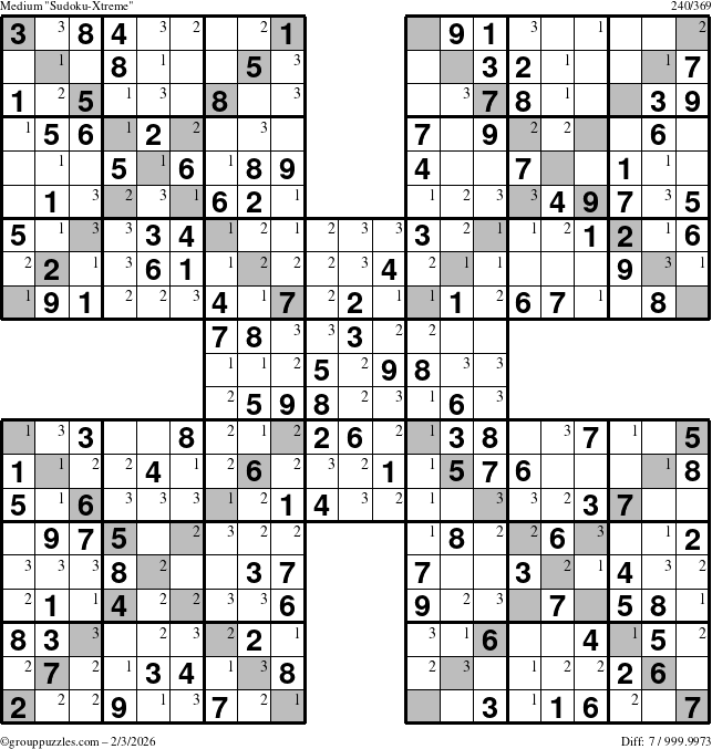 The grouppuzzles.com Medium Sudoku-Xtreme puzzle for Tuesday February 3, 2026 with the first 3 steps marked