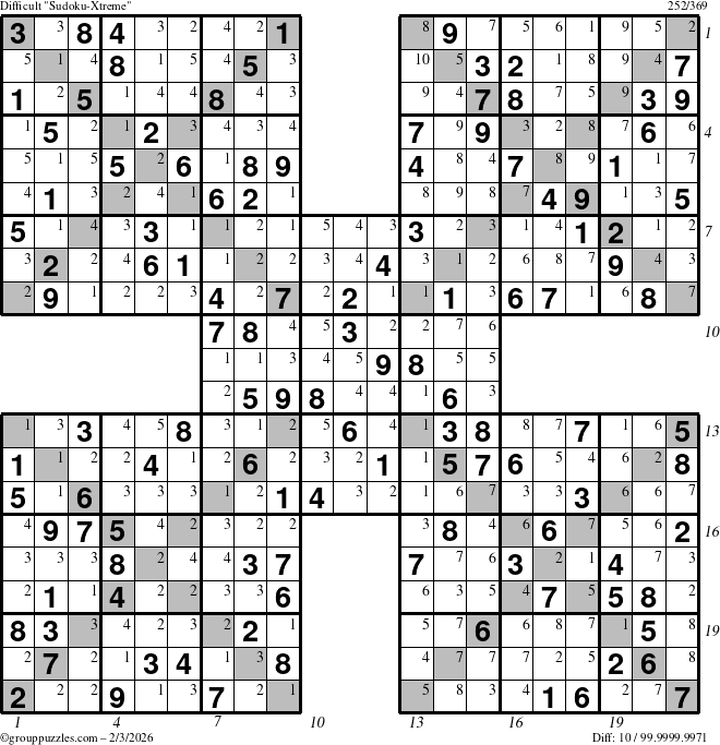 The grouppuzzles.com Difficult Sudoku-Xtreme puzzle for Tuesday February 3, 2026, suitable for printing, with all 10 steps marked