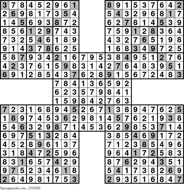 The grouppuzzles.com Answer grid for the Sudoku-Xtreme puzzle for Tuesday February 3, 2026