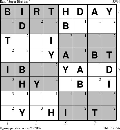 The grouppuzzles.com Easy Super-Birthday puzzle for Tuesday February 3, 2026 with all 3 steps marked