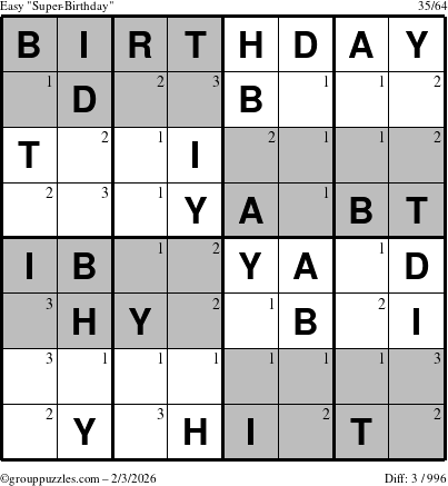 The grouppuzzles.com Easy Super-Birthday puzzle for Tuesday February 3, 2026 with the first 3 steps marked